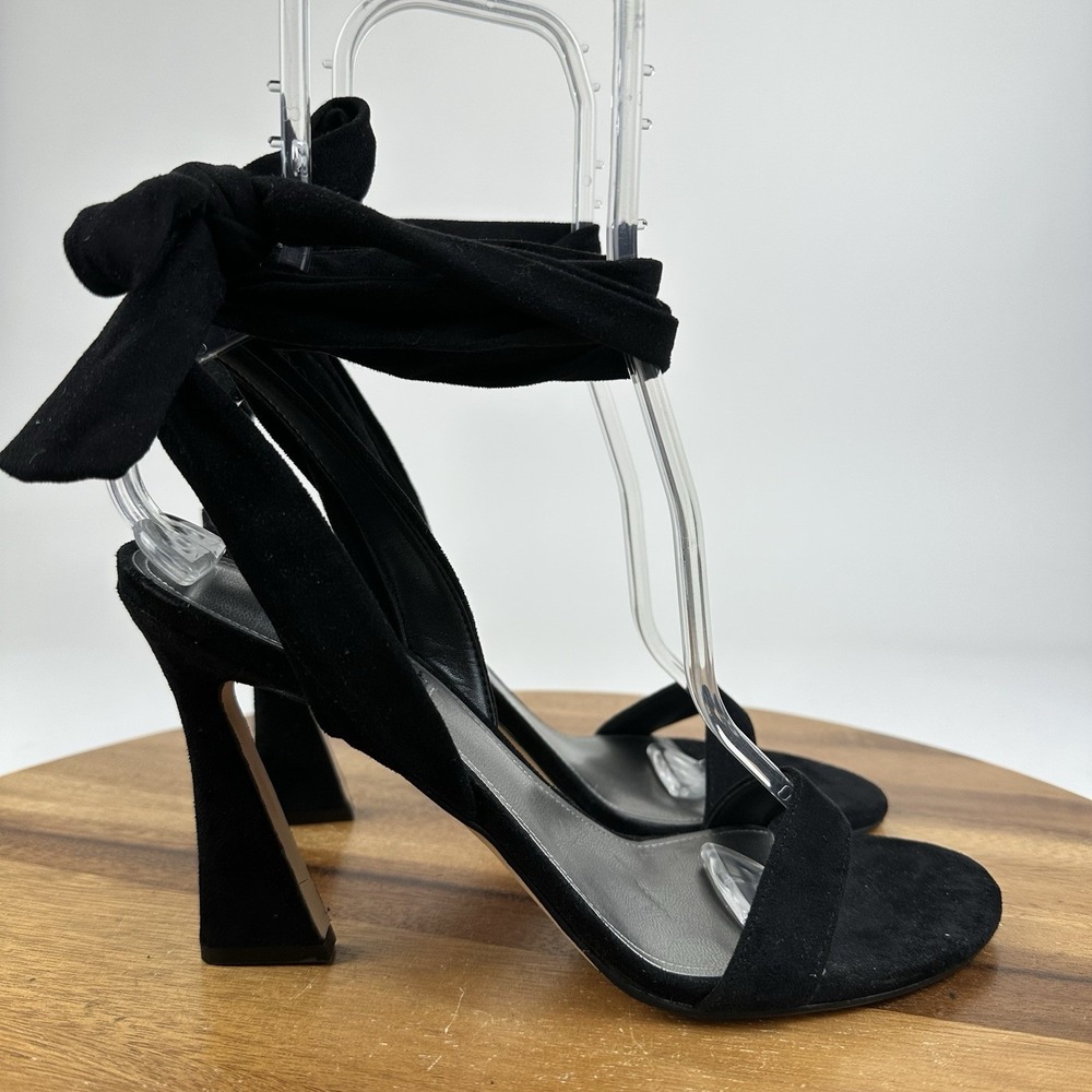 Womens Nine West Kelsie Black Faux Suede Tie Up Sandals Heels Size 9 M EUC